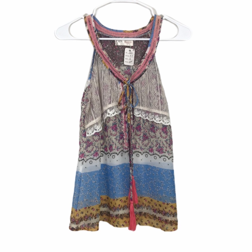 Yahada multi-color sheer tank top w/ lace layering